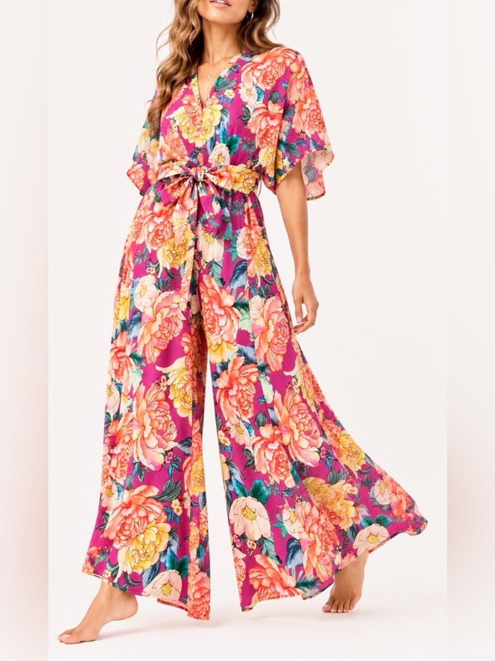 NWT FARM RIO X ANTHROPOLOGIE Eulalie Pink Floral Wide-Leg Jumpsuit